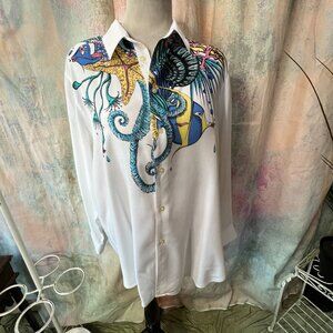 VTG📌Vivien Caron Under the Sea Starfish Long Sleeves Button Down Viscose Blouse